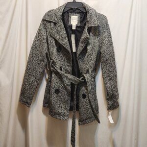 Vine & Valley Black White Herringbone‎ Double Breasted Belted Coat L New